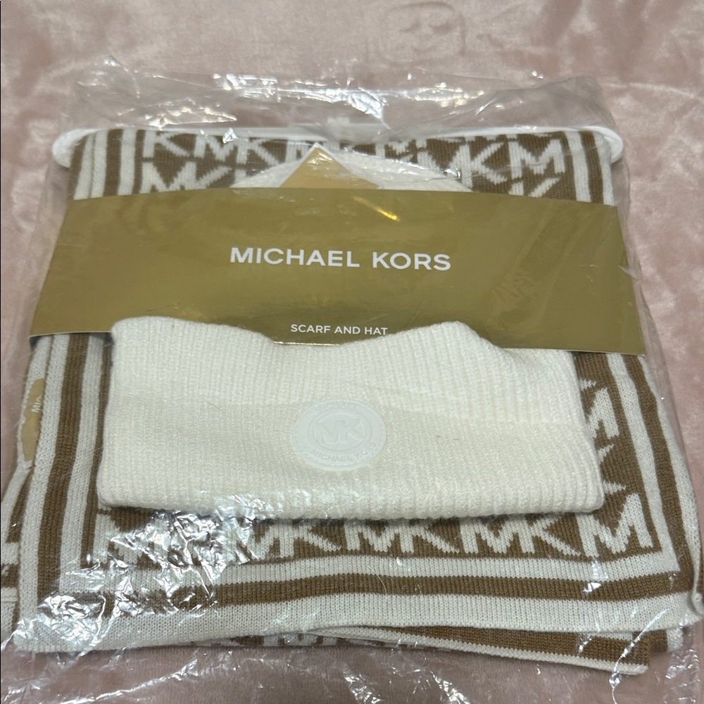 Michael Kors Cream and Brown Logo Scarf and Hat Set
